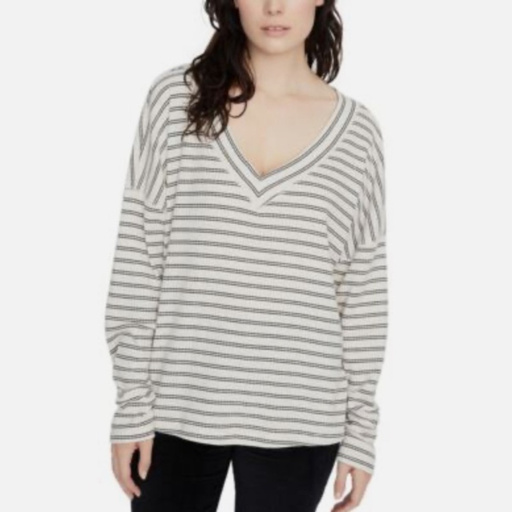 SANCTUARY NWT Eryka Ivory Stretch Textured Striped Long Sleeve V-neck Top Size S